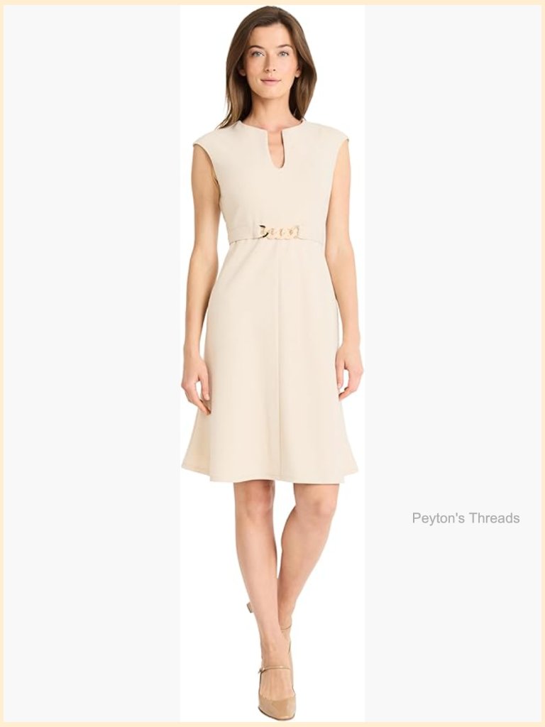 Sleeveless V-Neck Midi Dress With Belt, Fit & Flare, Scuba Crepe, Polyester
